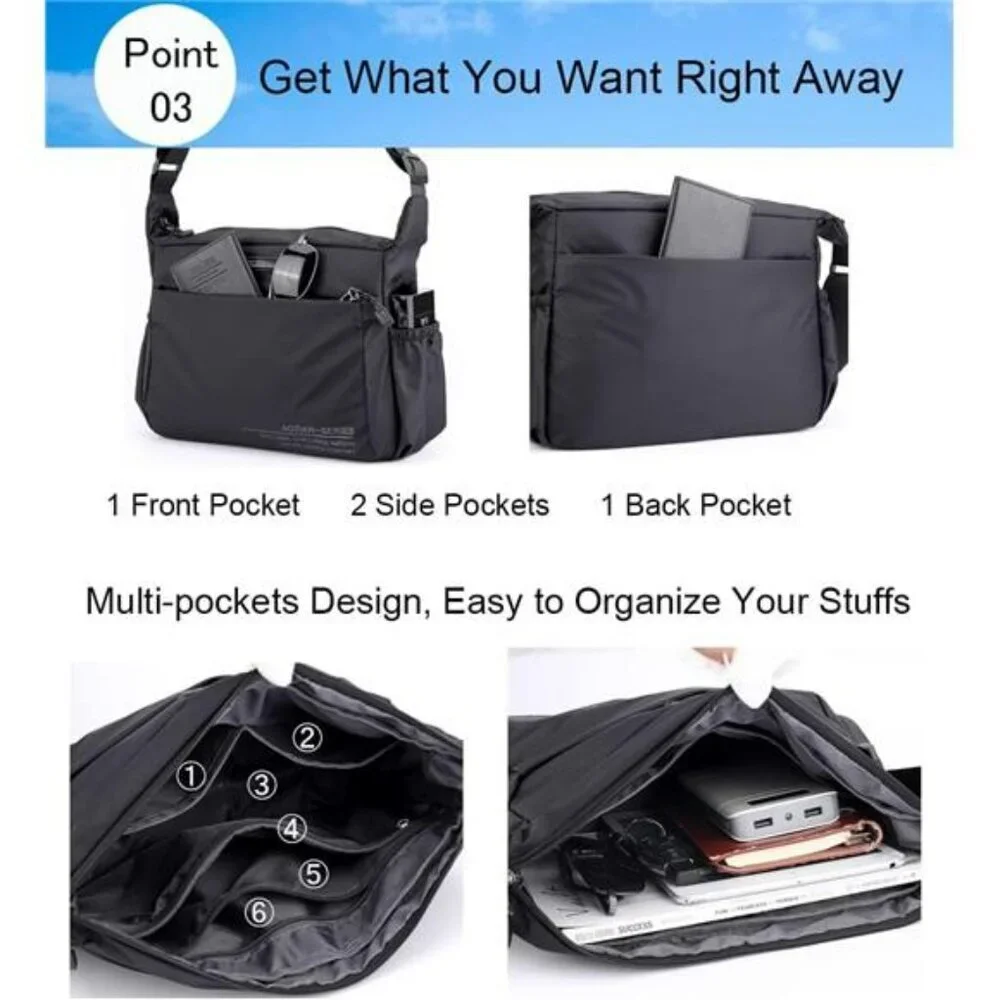 Mens nylon messenger bag waterproof lightweight crossbody shoulder purse for tra